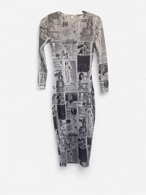 Newspaper Print Long Sleeve Midi Dress - Black & White